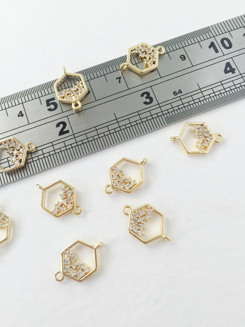 1 x 18K Gold Plated Hexagon Connectors with Cubic Zirconia, 9x14mm (0139)