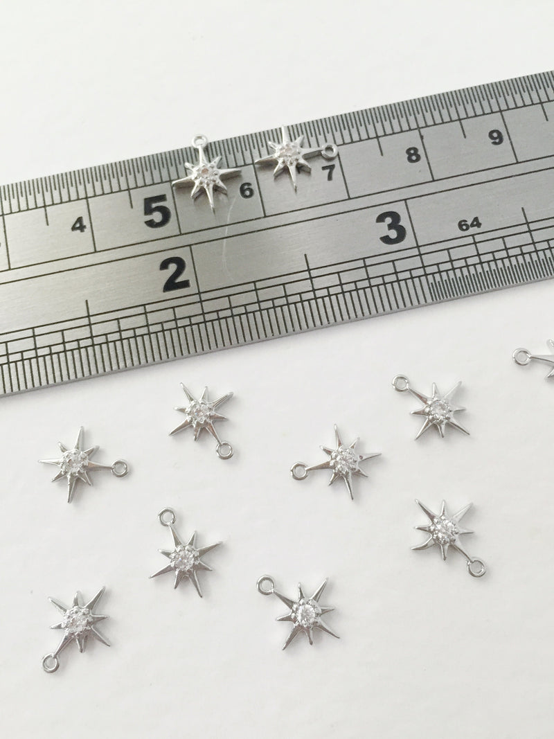 2 x Platinum Plated Tiny Star Charms with Cubic Zirconia, 10x9mm (0157)