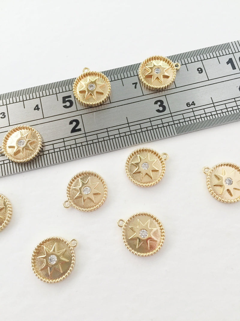 1 x 18K Gold Plated Brass Coin Shaped Star Pendants with Cubic Zirconia Star, 11x13mm (0123)