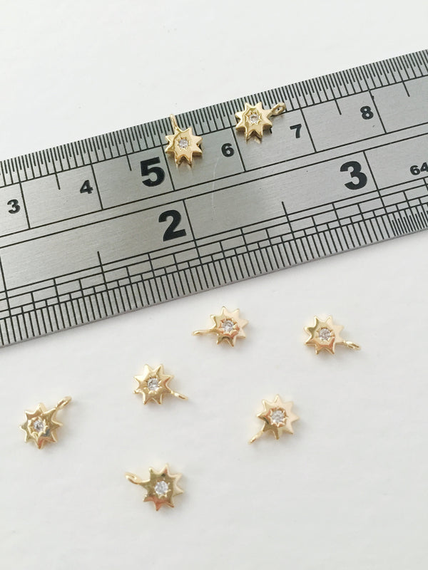 2 x Tiny 18K Gold Plated Star Charms With Cubic Zirconia, 7.5x6mm (0152)