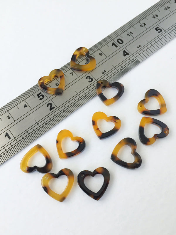 6 x Cellulose Acetate Tortoise Shell Open Heart Pendants, 15x13.5mm (0660)