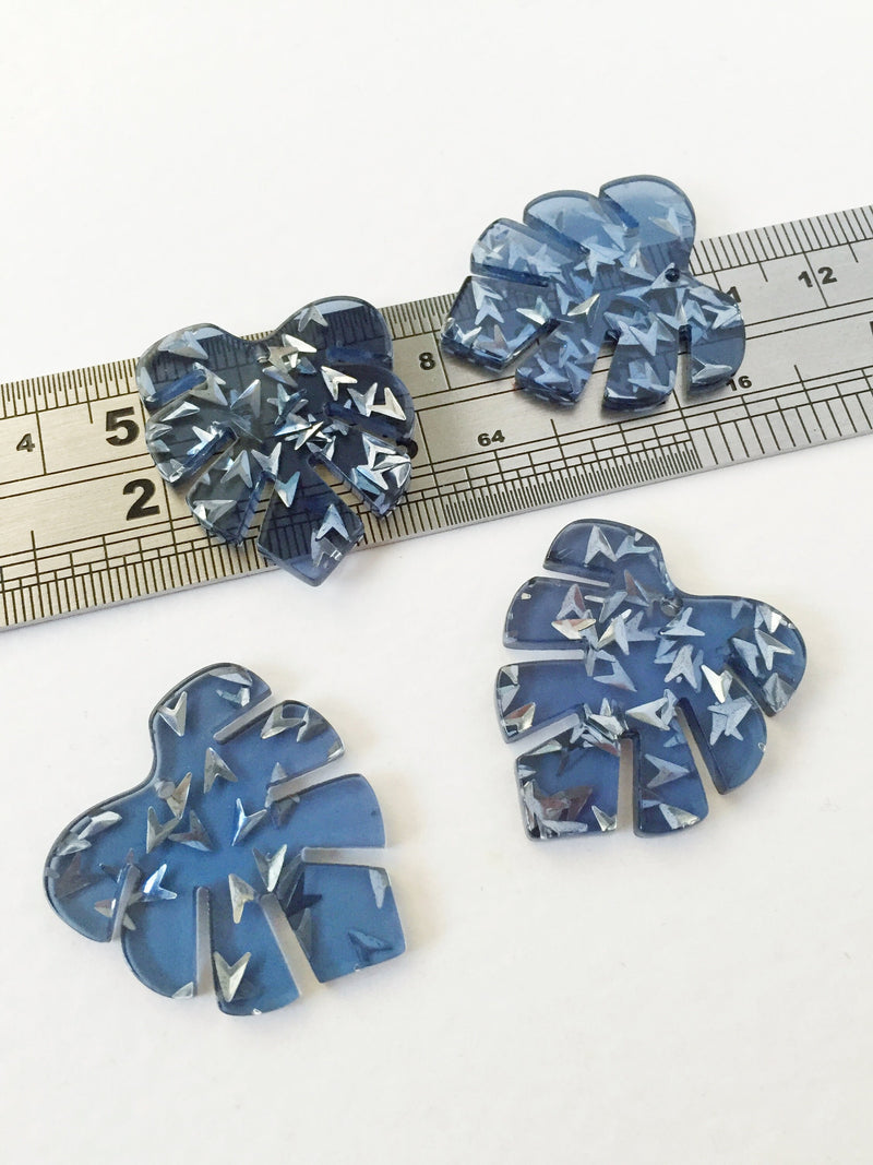 2 x Blue Monstera Acrylic Leaf Pendants, 30x26mm (0785)