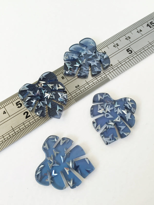 2 x Blue Monstera Acrylic Leaf Pendants, 30x26mm (0785)