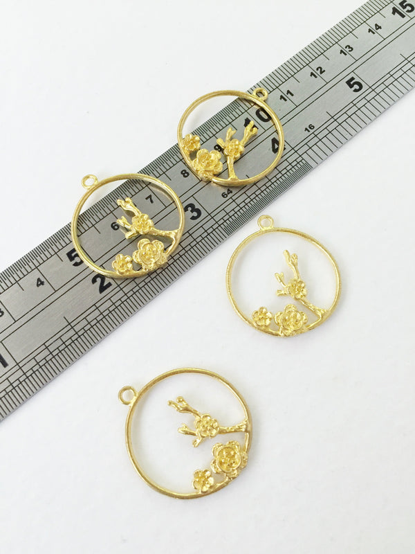 2 x Raw Brass Floral Hoop Pendants, 28x25mm (0679)