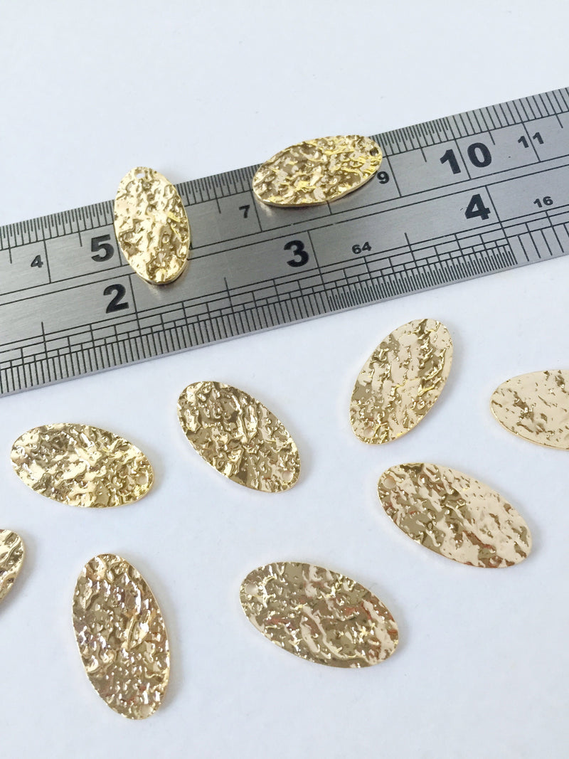 2 x 18K Gold Plated Hammered Oval Pendants, 19x10.5mm (0440)