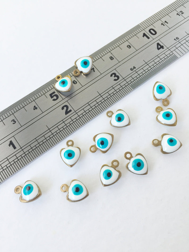 10 x Enamelled Heart Brass Evil Eye Charms, 10x8mm (0361)