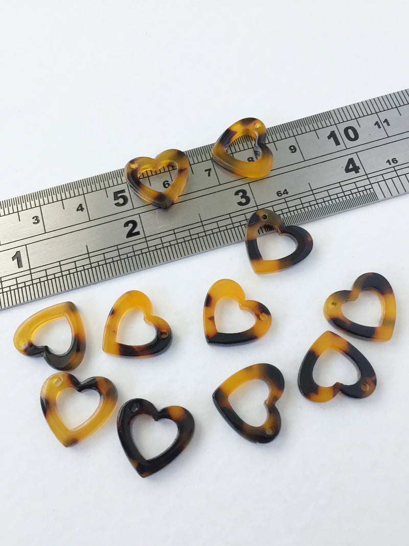 6 x Cellulose Acetate Tortoise Shell Open Heart Pendants, 15x13.5mm (0660)