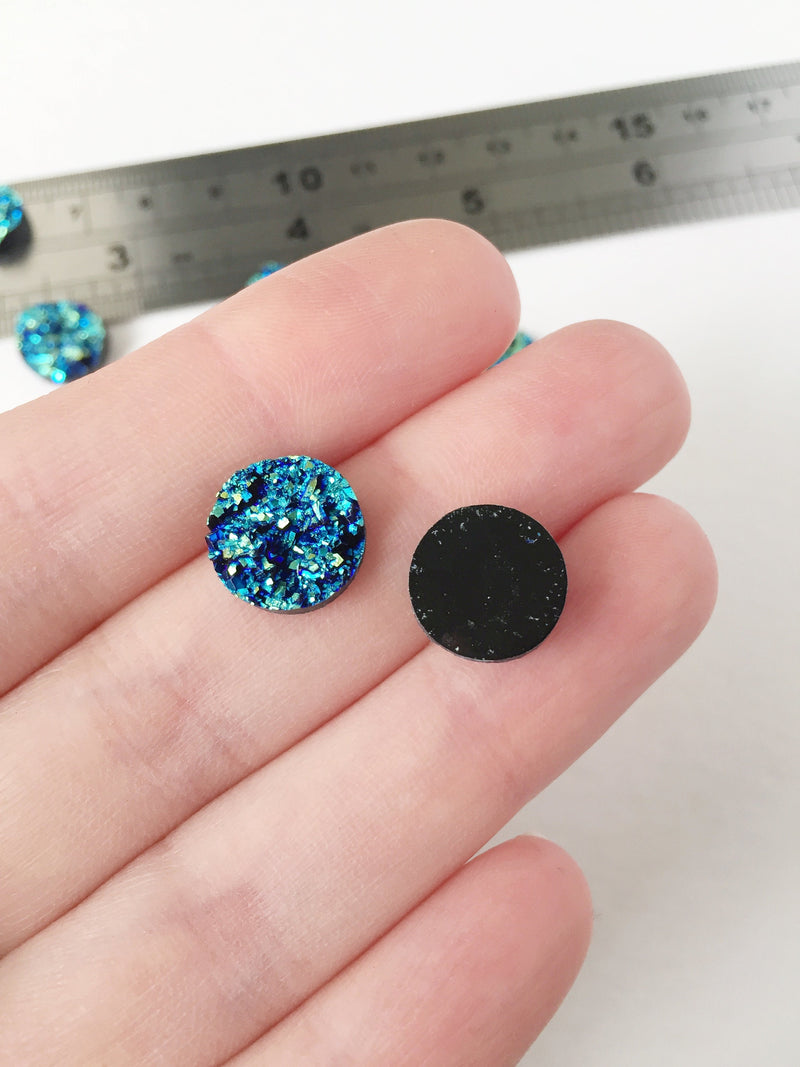 10 x Iridescent Blue Round Druzy Imitation Cabochons, 12mm (0903)