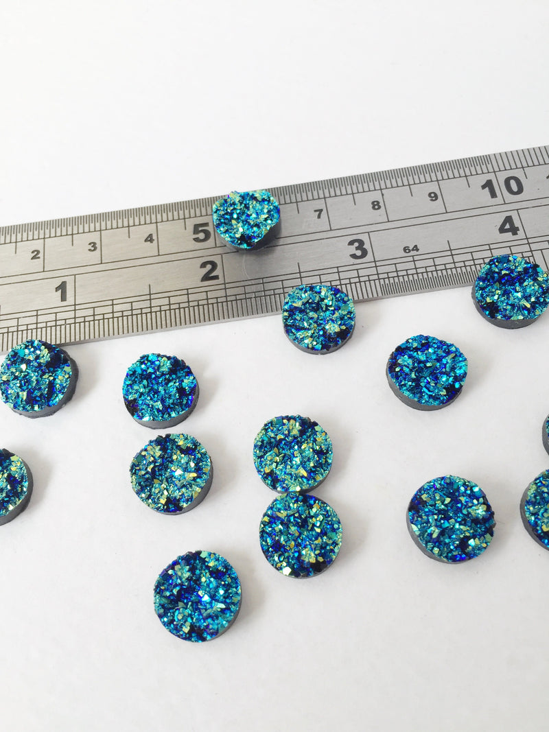 10 x Iridescent Blue Round Druzy Imitation Cabochons, 12mm (0903)