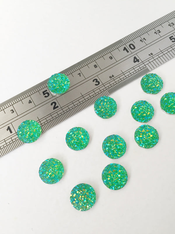 20 x Round Iridescent Green Resin Druzy Imitation Cabochons, 12mm (0904-4)