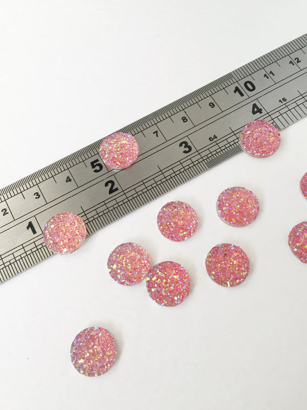 20 x Round Pink Druzy Cabochons, 12mm Iridescent Pink Flatbacks (0904)