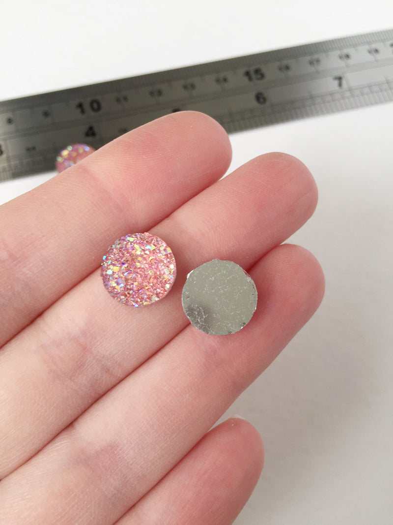 20 x Round Pink Druzy Cabochons, 12mm Iridescent Pink Flatbacks (0904)