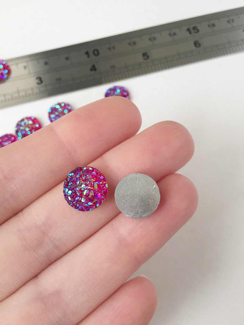 20 x Iridescent Deep Pink Resin Druzy Imitation Cabochons, 12mm (0904)