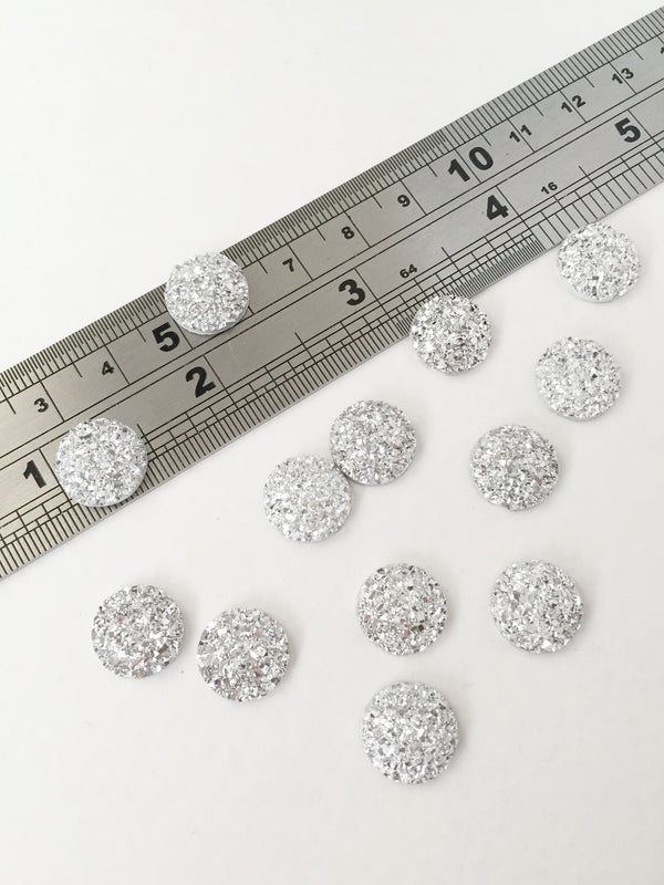 20 x Round Silver Resin Druzy Cabochon, 12mm Glittery Flatback Embellishment (0905)