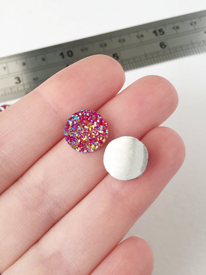 20 x Round Glittery Deep Pink Druzy Cabochon, 12mm (0905)