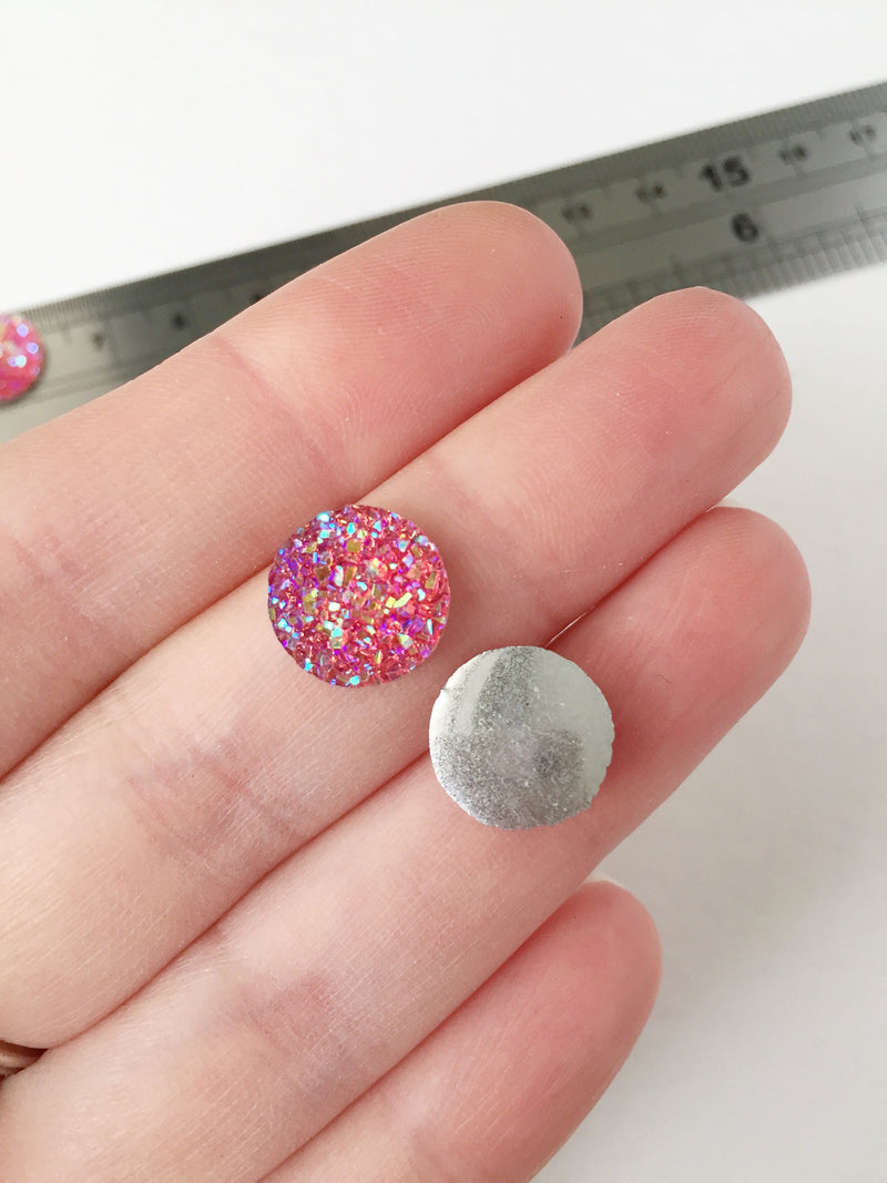 20 x Iridescent Pink Round Resin Druzy Cabochons, 12mm (0906)