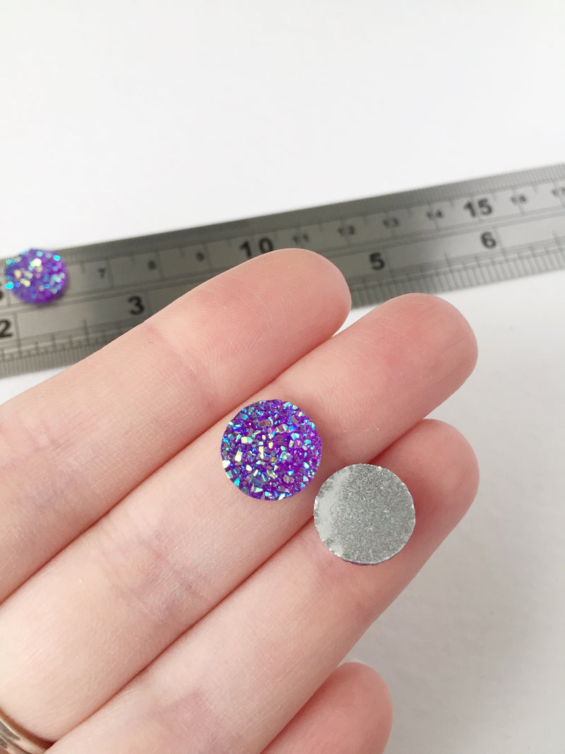 20 x Round Iridescent Purple Druzy Imitation Cabochons, 12mm (0906)