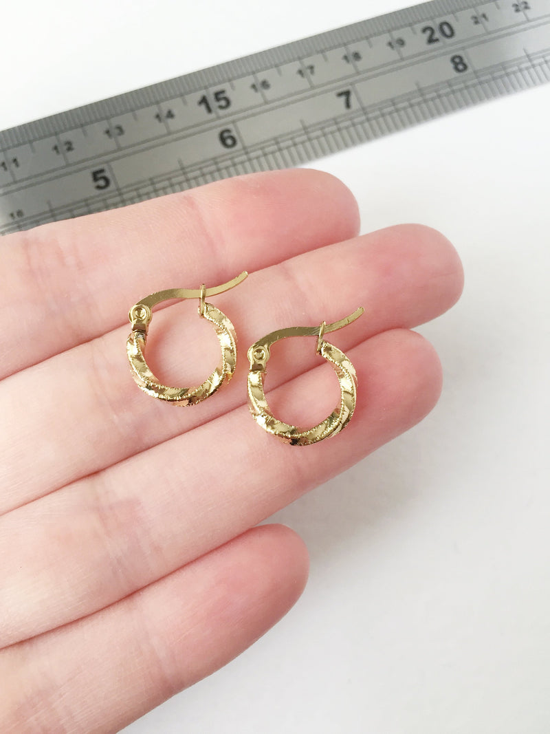 1 pair x Gold Plated Stainless Steel Twisted Earring Hoops, 14mm (0947)