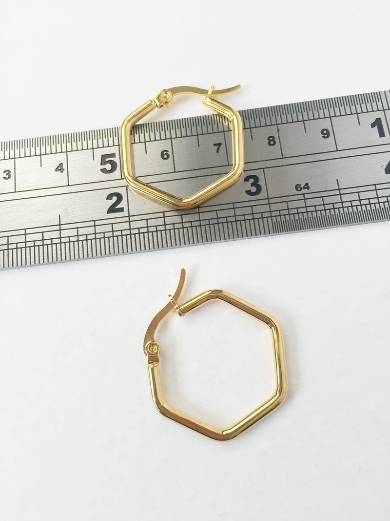 1 pair x Gold Plated Stainless Steel Hexagon Earring Hoops, 20x23mm (0945S)