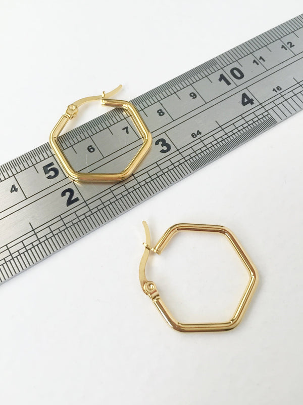 1 pair x Gold Plated Stainless Steel Hexagon Earring Hoops, 20x23mm (0945S)