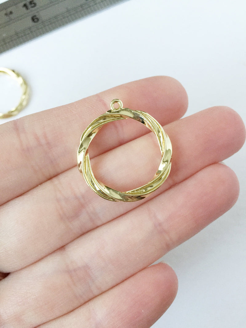 2 x Gold Plated Wavy Circle Pendants, 24x25mm (0872BIG)