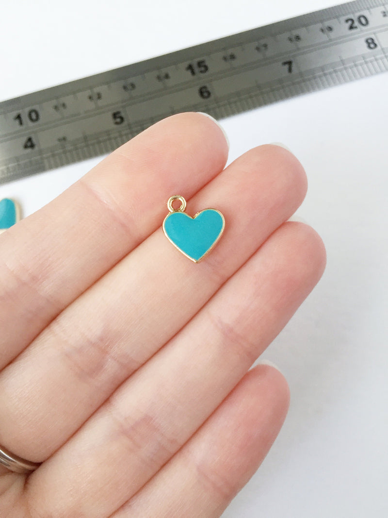 10 x Turquoise Enamel Heart Charms, 13x10mm (0573)