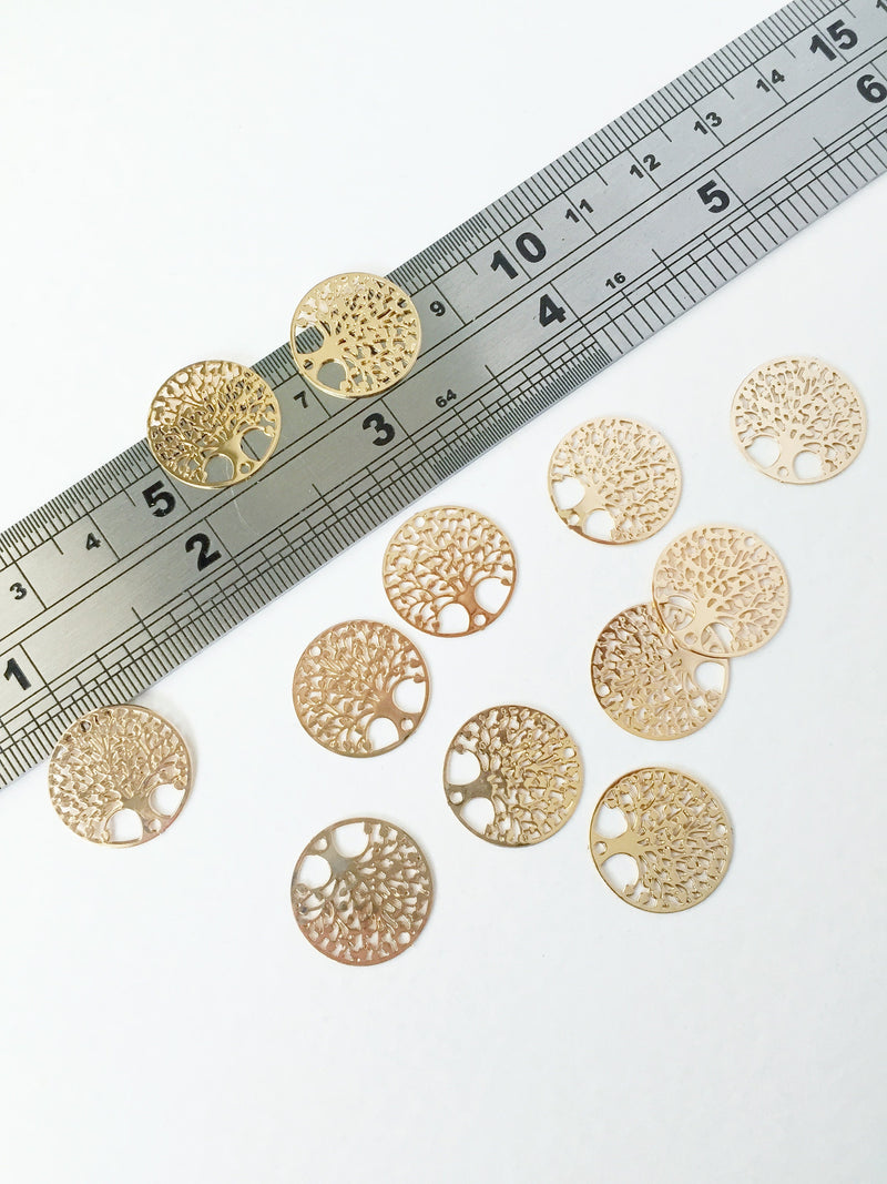 10 x Gold Plated Laser Cut Round Tree Connectors, 16mm Etched Metal Links (0582)