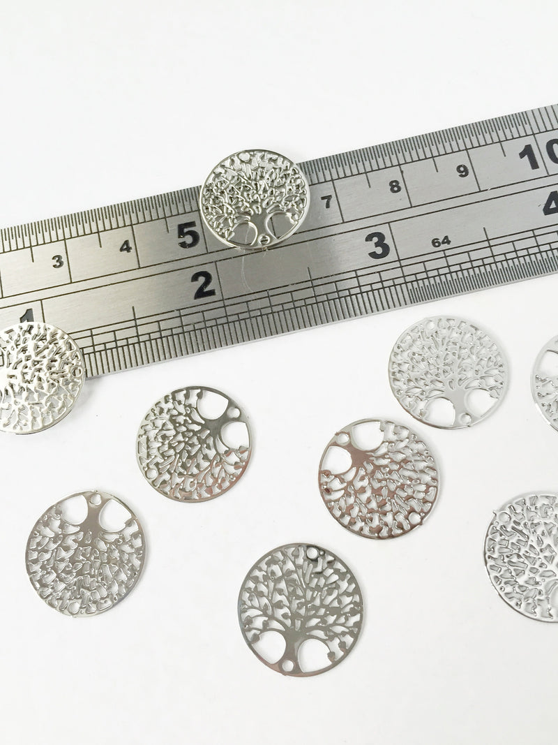 10 x Platinum Plated Laser Cut Round Tree Connectors, 16mm Etched Metal Links (0581)