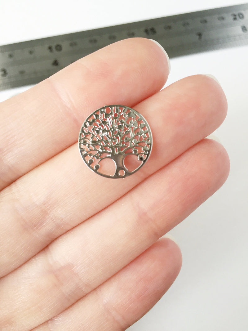 10 x Platinum Plated Laser Cut Round Tree Connectors, 16mm Etched Metal Links (0581)