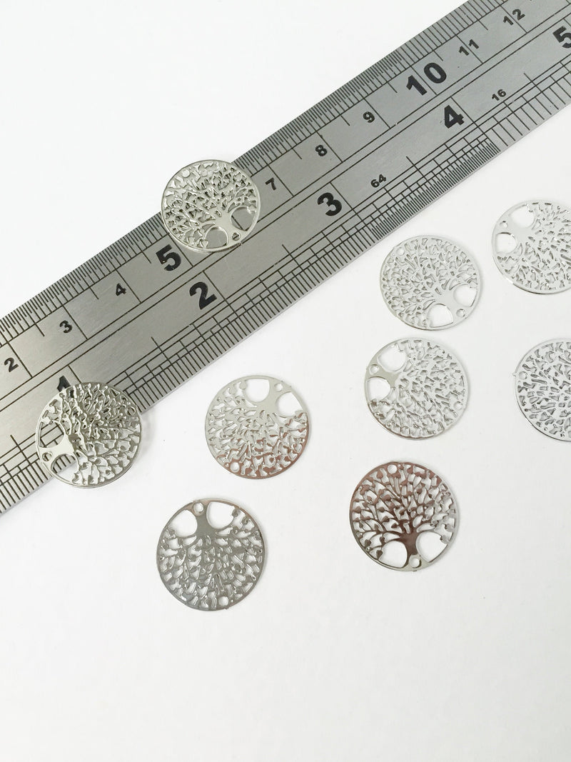 10 x Platinum Plated Laser Cut Round Tree Connectors, 16mm Etched Metal Links (0581)