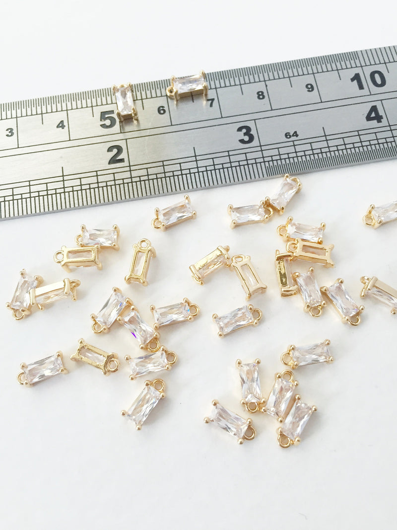 2 x Tiny Crystal Clear Baguette Cut Glass Pendants in Gold, 4x8mm (1007)