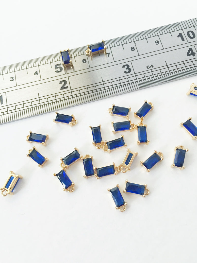 2 x Tiny Blue Baguette Cut Crystal Pendants, 4x8mm Gold Rectangular Charms (1004)