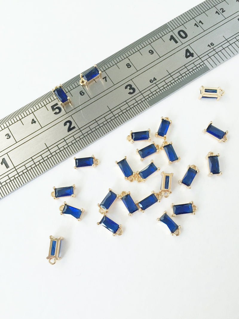 2 x Tiny Blue Baguette Cut Crystal Pendants, 4x8mm Gold Rectangular Charms (1004)