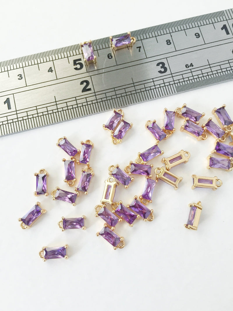 2 x Tiny Purple Baguette Cut Crystal Pendants in Gold, 4x8mm Gold (1009)