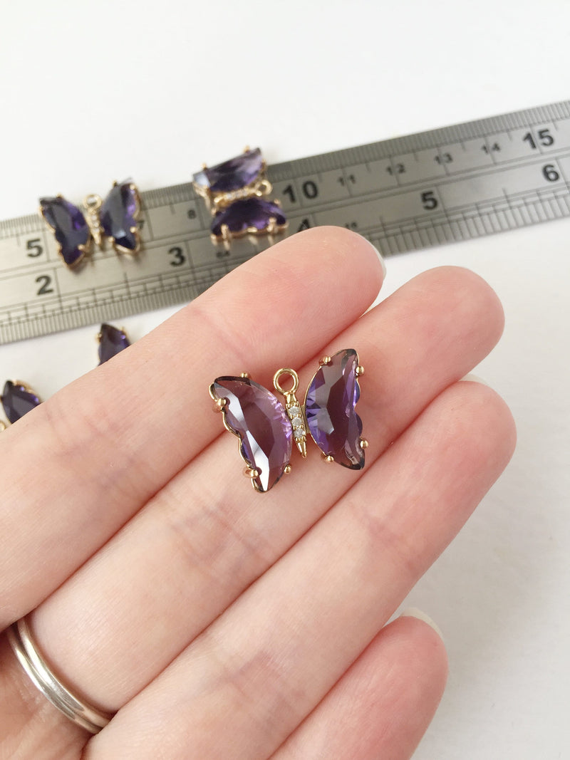 1 x Gold Plated Purple Faceted Glass Butterfly Pendant, 20x15mm (1117)