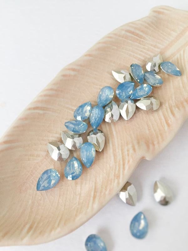 24 x 7x10mm Light Blue Opal Teardrop Rhinestones, Foiled Back (0896)