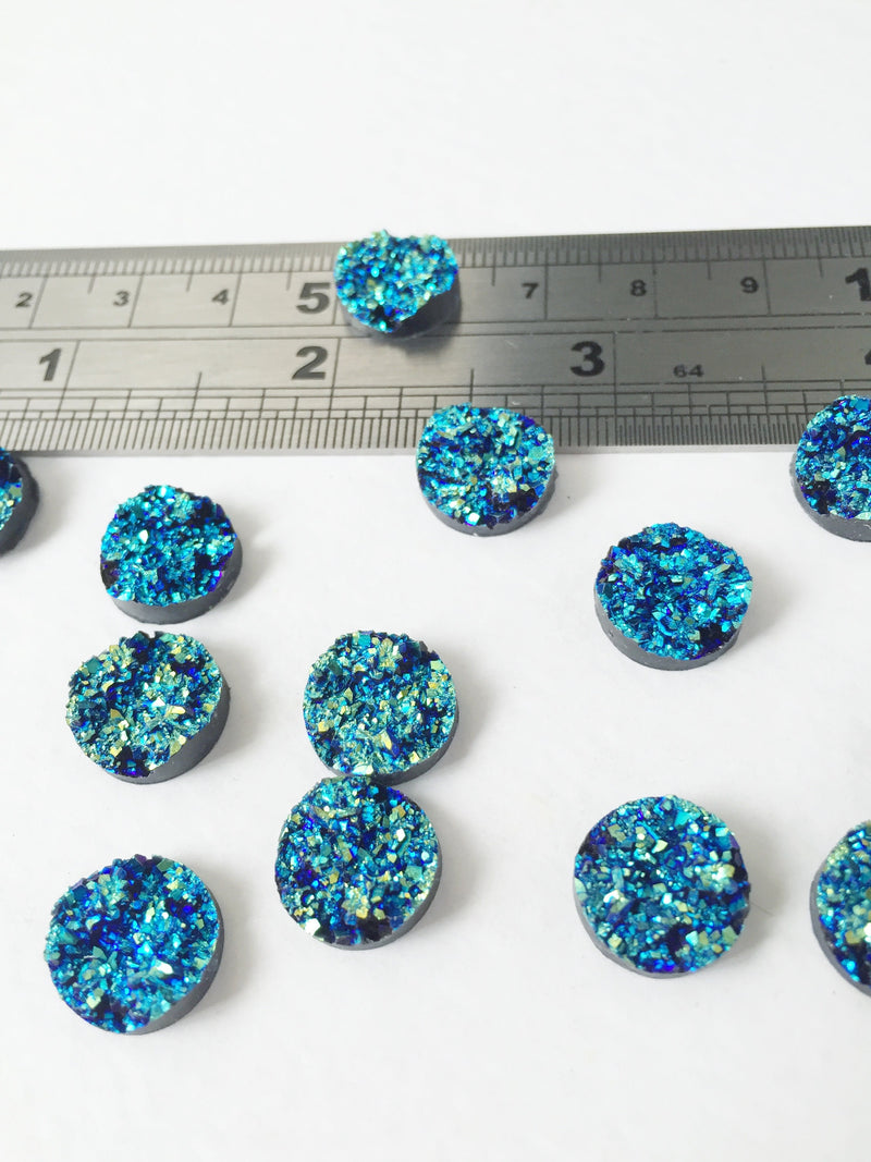 10 x Iridescent Blue Round Druzy Imitation Cabochons, 12mm (0903)