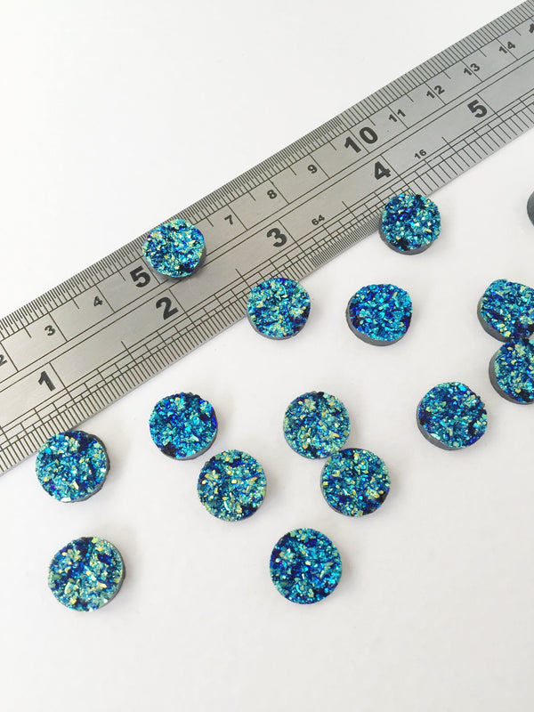 10 x Iridescent Blue Round Druzy Imitation Cabochons, 12mm (0903)