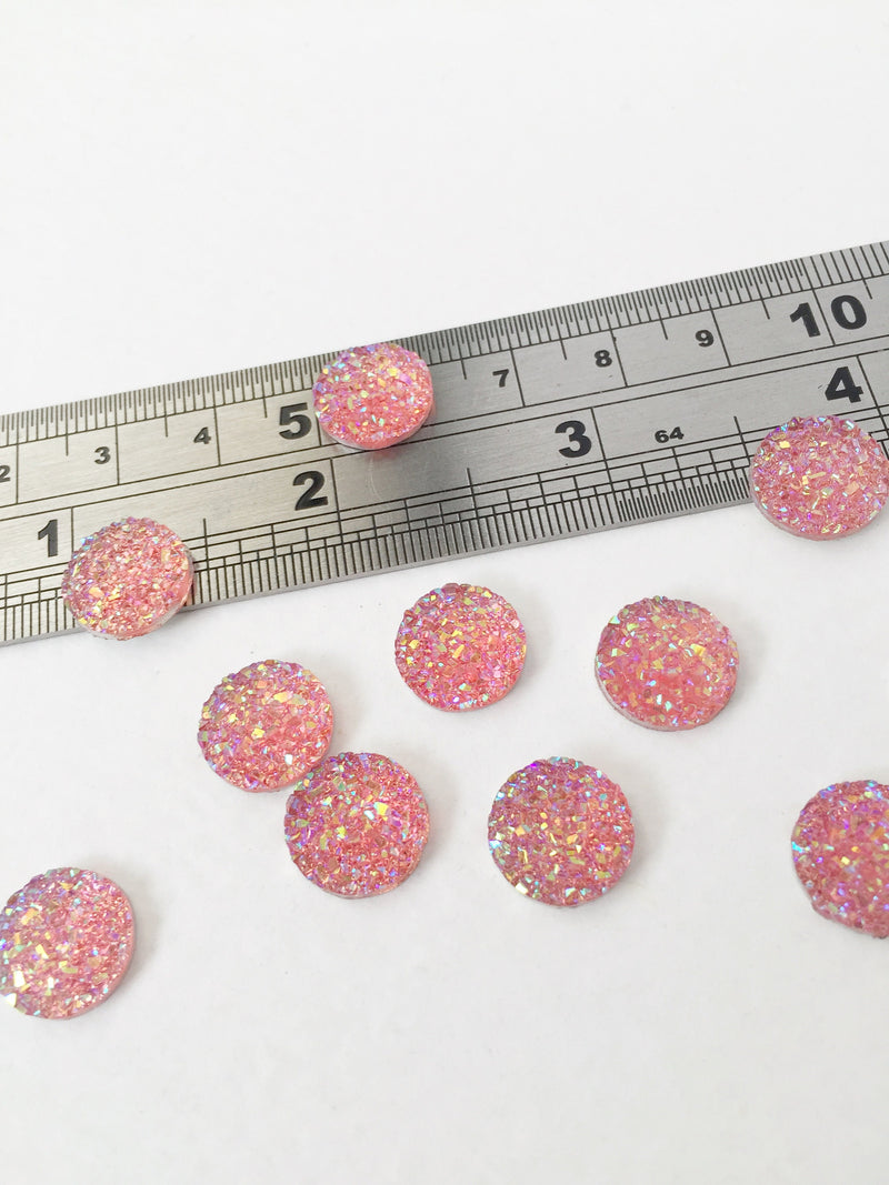 20 x Round Pink Druzy Cabochons, 12mm Iridescent Pink Flatbacks (0904)