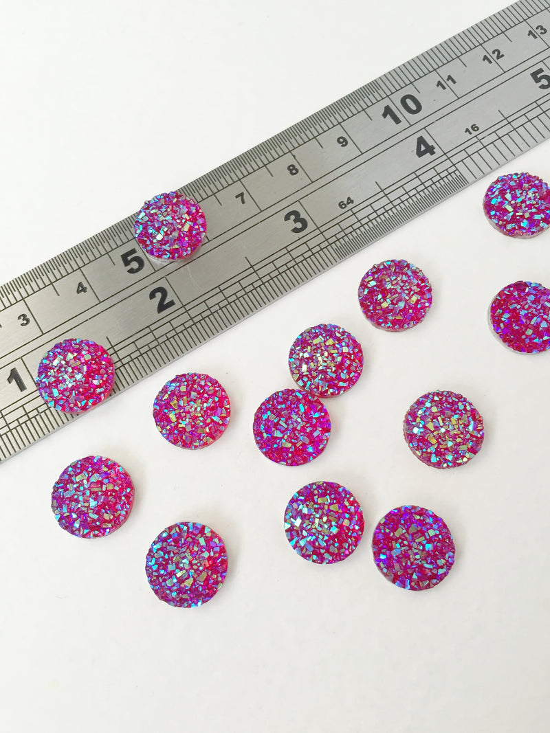 20 x Iridescent Deep Pink Resin Druzy Imitation Cabochons, 12mm (0904)