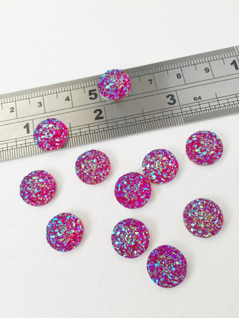 20 x Iridescent Deep Pink Resin Druzy Imitation Cabochons, 12mm (0904)