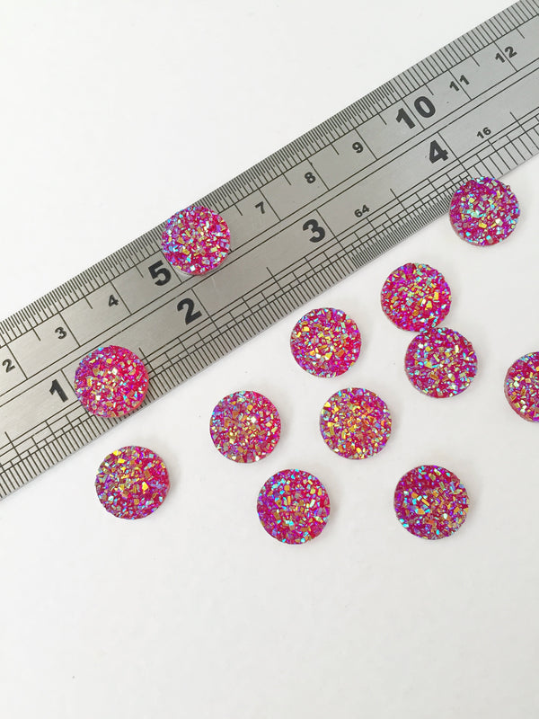 20 x Round Glittery Deep Pink Druzy Cabochon, 12mm (0905)