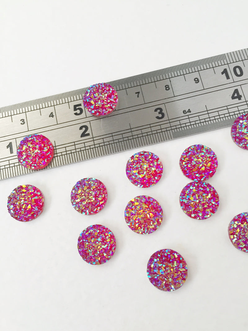 20 x Round Glittery Deep Pink Druzy Cabochon, 12mm (0905)