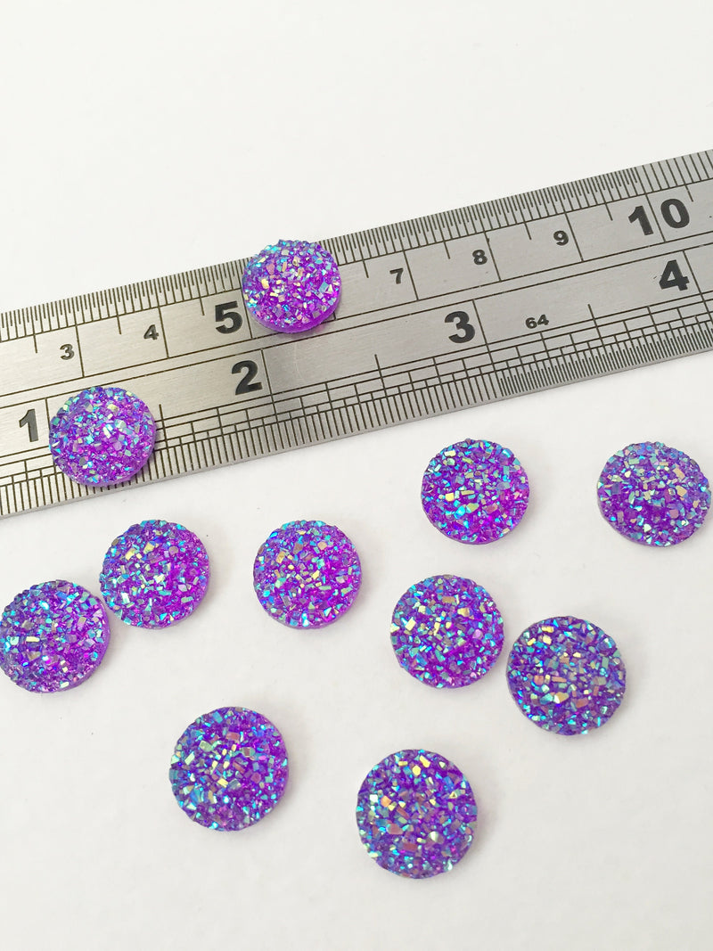 20 x Round Iridescent Purple Druzy Imitation Cabochons, 12mm (0906)