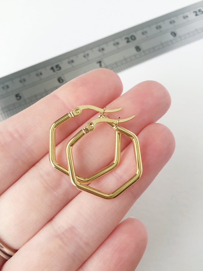 1 pair x Gold Plated Stainless Steel Hexagon Earring Hoops, 20x23mm (0945S)