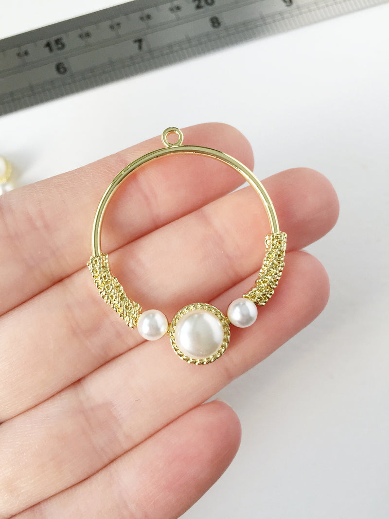 2 x Gold Plated Pearl Hoop Pendants, 41x35mm (0867)