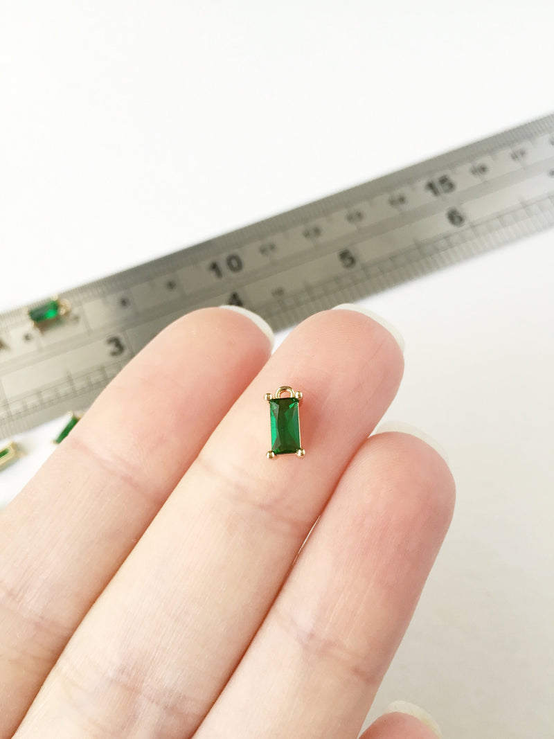 2 x Tiny Emerald Green Baguette Cut Crystal Charms, 4x8mm (1005)