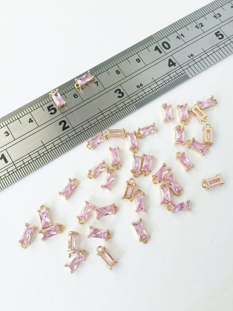 2 x Tiny Light Pink Baguette Cut Crystal Pendants, 4x8mm Gold Rectangular Charms (1008)