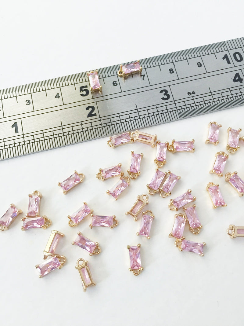 2 x Tiny Light Pink Baguette Cut Crystal Pendants, 4x8mm Gold Rectangular Charms (1008)