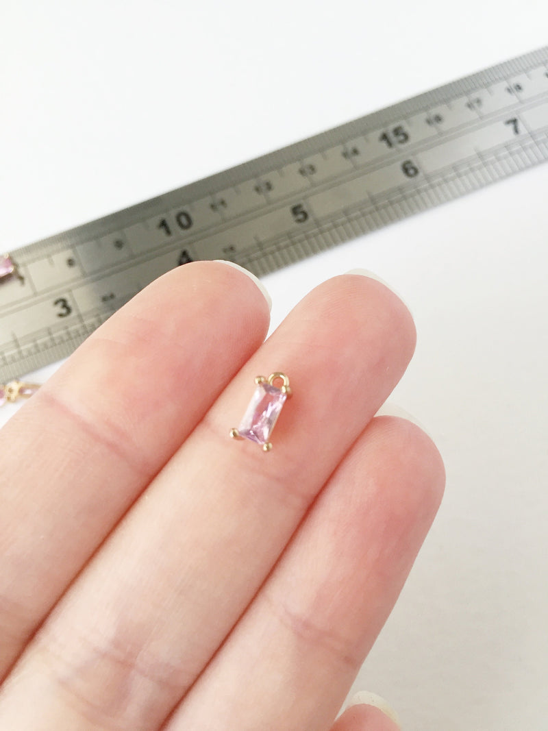 2 x Tiny Light Pink Baguette Cut Crystal Pendants, 4x8mm Gold Rectangular Charms (1008)